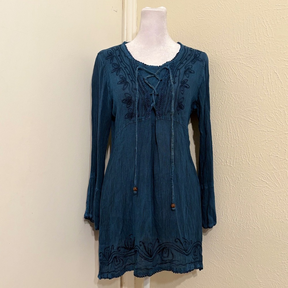 Blue Lace Up Embroidered Long Bell Sleeve Tunic Top Boho Whimsigoth Fairy M